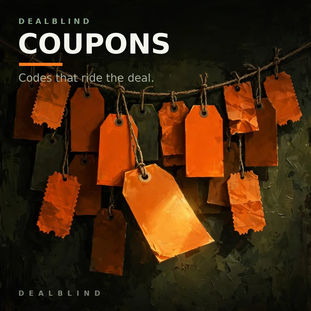 DealBlind Coupons — blaze-orange price tags hanging on twine.