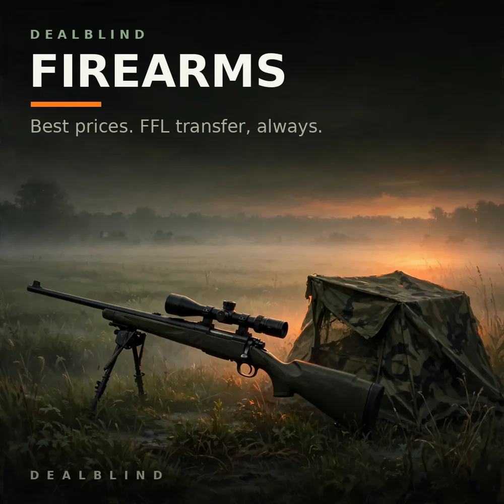 DealBlind Firearms — a scoped rifle and ground blind in dawn mist.
