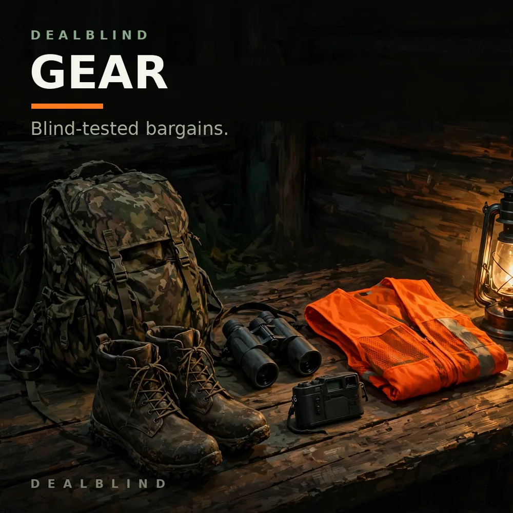 DealBlind Gear — camo pack, boots, binoculars and a blaze vest by lantern light.